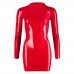 Zip Up Latex Mini Dress With Long Sleeves Red